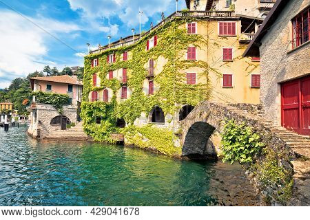 Town Of Nesso Historic Stone Bridge And Waterfront On Como Lake, Lombardy Region Of Italy