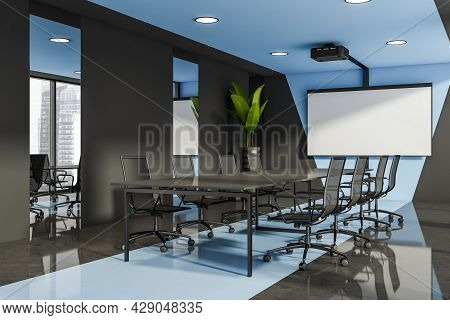 Office Room Interior With White Empty Roll Up Banner, Panoramic Window With City Skyscraper View, Co