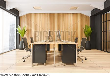 Interior With Desk, Four Rolling Chairs, Sliding Glass Door, Panoramic View, Ceiling Ledges, Wood Wa