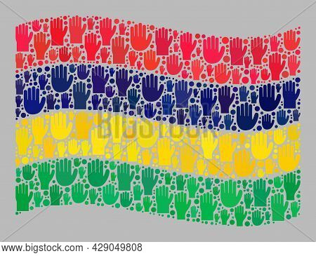 Mosaic Waving Mauritius Flag Designed With Raised Ballot Palm Icons. Vector Ballot Mosaic Waving Mau