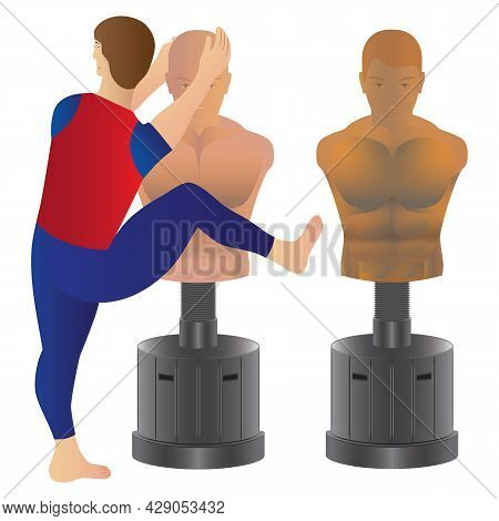 Dummy For Sports Exercises. The Athlete Practices Out Blows On A Sports Dummy. Sports Dummy.