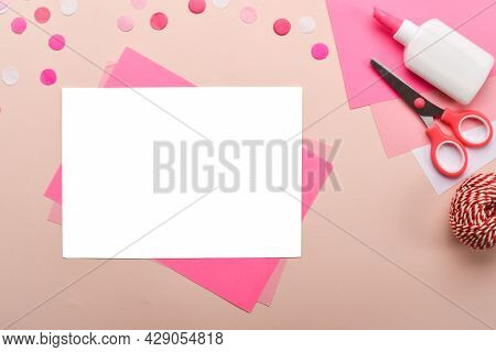 Pink Background With Flamingos Made Of Paper. Copyspace