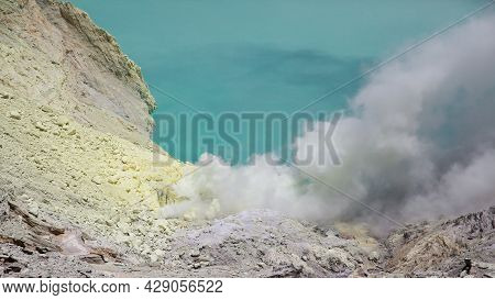 Volcano Ijen. View From Above, Stunning View Of The Ijen Volcano With The Turquoise-coloured Acidic 