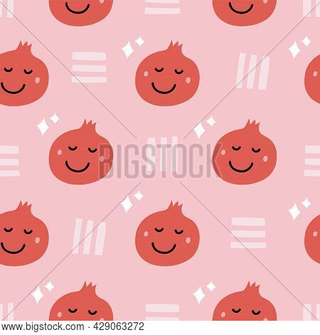 Pomegranate Flat Hand Drawn Seamless Pattern. Cute Background. Vector Illustration. Can Be Used In W