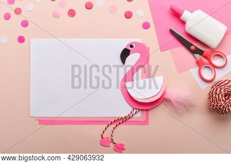 Pink Background With Flamingos Made Of Paper. Copyspace