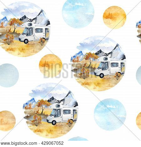 Watercolor Hand Drawn Seamless Pattern With Fall Autumn Landscape With Mountains Sky Orange Grass Bu