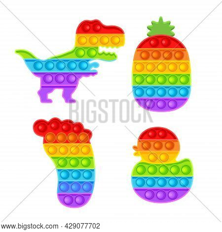 Pop It Is A Set Of Fidgets. Antistress. Toy Icon, Trendy Toy. Dinosaur, Pineapple. Vector Illustrati