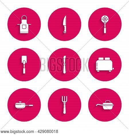 Set Knife, Fork, Frying Pan, Toaster With Toasts, Spatula, And Kitchen Apron Icon. Vector