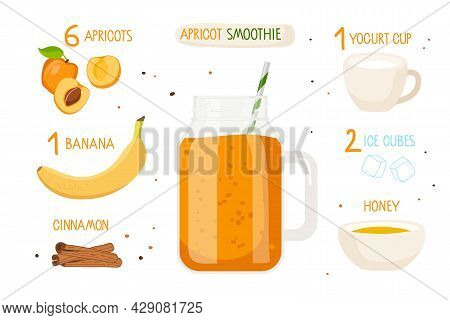 Glass Smoothie Mug And Ingredients For Banana Aprico Smoothie. Apricot Smoothie Recipe. Fruits, Cup 
