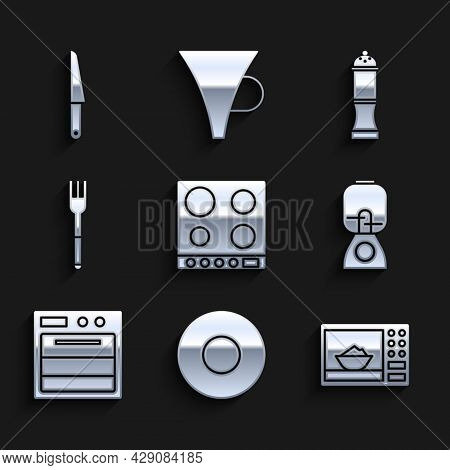 Set Gas Stove, Plate, Microwave Oven, Blender, Oven, Fork, Pepper And Knife Icon. Vector