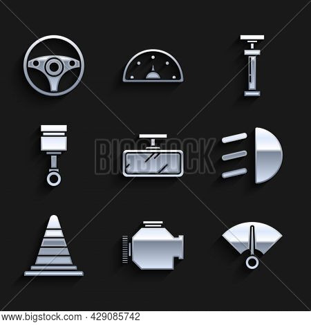 Set Car Mirror, Check Engine, Speedometer, High Beam, Traffic Cone, Engine Piston, And Steering Whee
