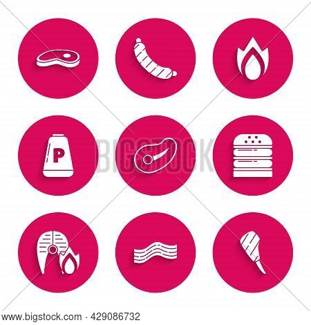 Set Steak Meat, Bacon Stripe, Rib Eye Steak, Burger, Grilled Fish And Fire Flame, Pepper, Fire And I