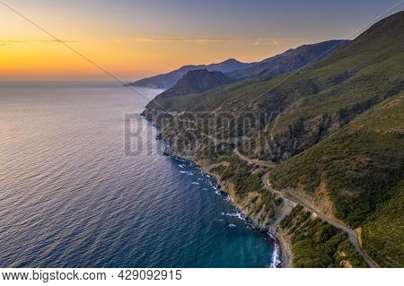Aerial View Of Rocky Coast Of Corsican Cap Corse Near Farinole, Corsica, France