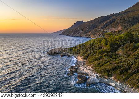 Aerial View Of Rocky Coast Of Corsican Cap Corse Near Farinole, Corsica, France