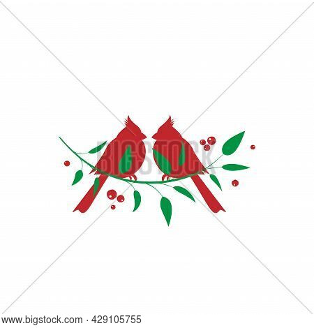 Northern Cardinals On Holly Twig. Redbird Christmas Card. Bird Silhouette Isolated On White Backgrou