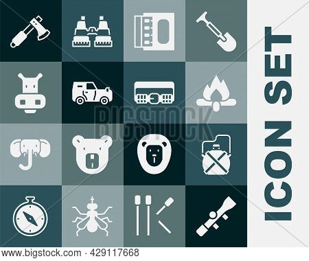 Set Sniper Optical Sight, Canteen Water Bottle, Campfire, Matchbox And Matches, Off Road Car, Hippo 