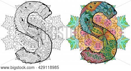 Hand-painted Art Design. Adult Anti-stress Coloring Page. Black And White Hand Drawn Illustration Ma