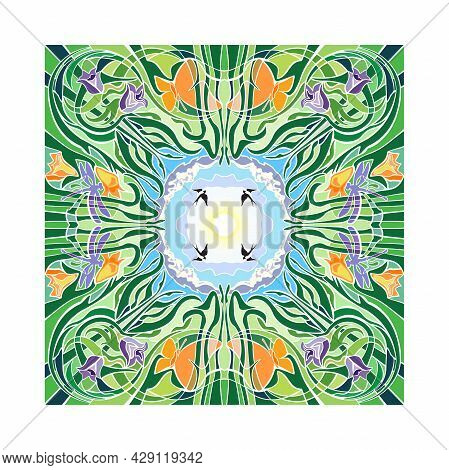 Stained Glass Vector Pattern Art Nouveau Style, Flora