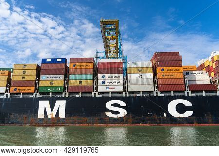 Le Havre, France - July 29, 2021: Containership Of Company Msc, A World Leader In Global Container S