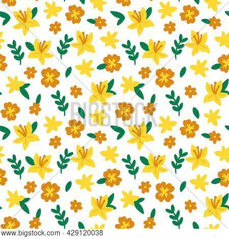 Cute Vector Seamless Pattern With Cartoon Flowers. It Can Be Used As Wallpaper, Poster, Print For Cl