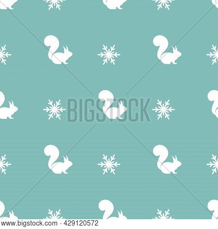 Seamless Chechered Winter Pattern With White Snowflakes And Squirrels.