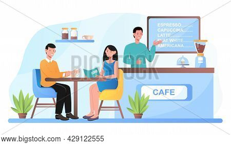 Cafe Shop And Romantic Partners Relaxing, Choosing Desset. Barista Serves Client Order. Modern Place