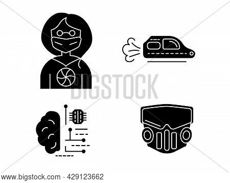 Cyberpunk Glyph Icons Set. Futuristic City. Exoskeleton And High Tech Technology. Future With Robot 