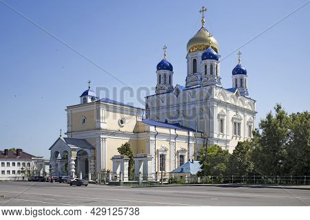 Yelets, Lipetsk Region, Russia - June 7, 2021, The Cathedral Of The Ascension Of The Lord Under A Bl