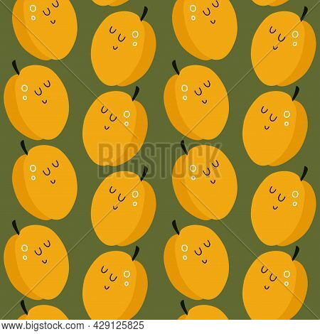 Vector Seamless Cute Pattern With Cartoon Apricots. It Can Be Used As Wallpaper, Poster, Print For C