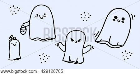 Funny Ghosts In Doodle Style. Happy Halloween Concept. Vector Illustration