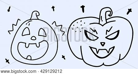Set Of Scary Pumpkins With A Smile In Doodle Style. Halloween Concept. Coloring. Vector Illustration