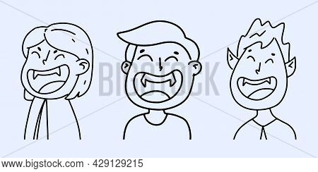 Set Of Vampires With A Smile In Doodle Style. Halloween Concept. Coloring. Vector Illustration