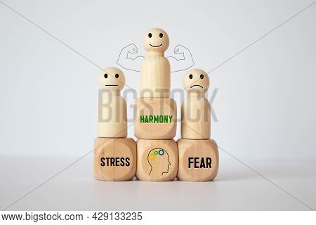 Wooden Cubes That Express Different Emotions. Smile Face Icon Symbol On Wooden Cube On Wooden Backgr