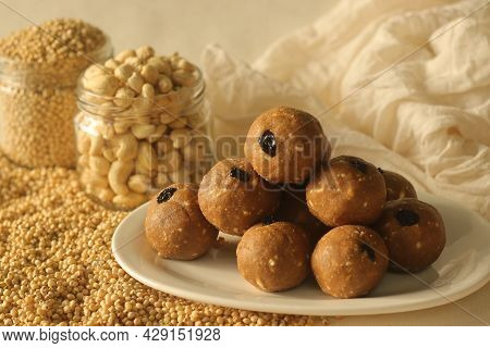 Sorghum Sweet Balls With Jaggery, Cashew Nuts And Raisins. Commonly Know As Jowar Laddu In India.