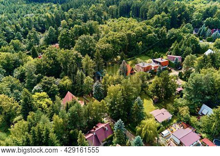 Mountain Village With Forests, Bird Eye View. Sleza Mountain Landscape Near Wroclaw In Poland. Natur