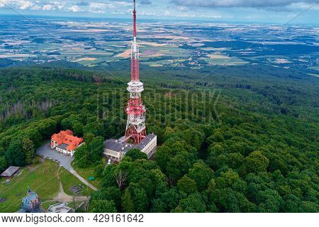 Aerial View Of Beautiful Landscape In Mountains With Forest. Sleza Mountain Near Wroclaw In Poland. 