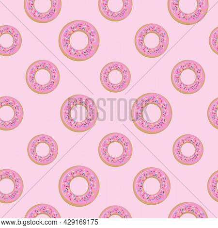 Cute Pink Seamless Pattern With Donuts. Swet Food Background.