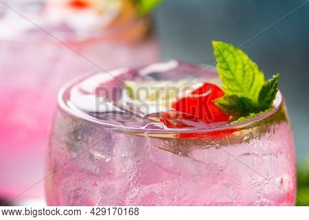 Cherry Limeade Or Lemonade In Drinking Glass. Refreshing Summer Drink.