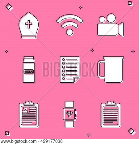 Set Pope Hat, Wi-fi Wireless Network, Movie Video Camera, Paper Package For Milk, Document And Coffe