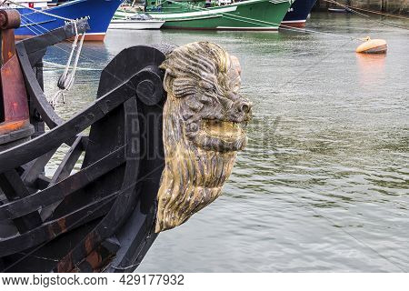 Bermeo, Spain - Sep 15, 2020: Decorative Figure Of A Lion On The Prow Of An Ancient Sailboat At Berm
