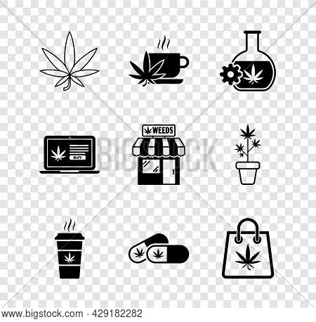 Set Marijuana Or Cannabis Leaf, Cup Tea With Marijuana, Test Tube, Coffee, Medical Pills, Shopping B