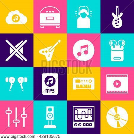 Set Cd Or Dvd Disk, Online Play Video, Air Headphones Box, Man, Electric Bass Guitar, Speaker Mute, 