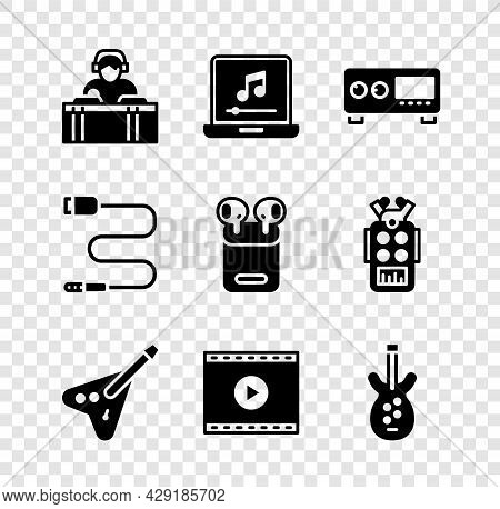 Set Dj Playing Music, Laptop With Note, Guitar Amplifier, Electric Bass Guitar, Online Video, Audio 