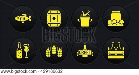 Set Beer Bottle And Glass, Cold Beer Can, Wheat, Bottles In Ice Bucket, Wooden Barrel, Pack Of And D
