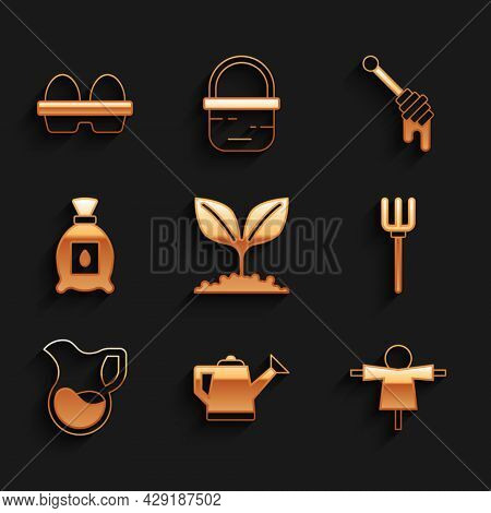 Set Plant, Watering Can, Scarecrow, Garden Pitchfork, Jug Glass With Milk, Pack Full Of Seeds Of Pla