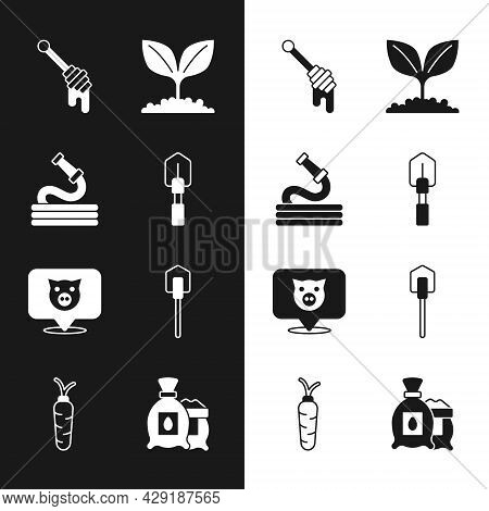 Set Shovel, Garden Hose, Honey Dipper Stick, Plant, Pig, Pack Full Of Seeds Of Plant And Carrot Icon
