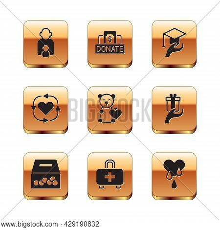 Set Taking Care Of Children, Donation And Charity, First Aid Kit, Donate Toys, Volunteer, Education 