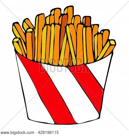 French Fries In Paper Packaging. Summer Street Food. Fastfoot. Cartoon Style. Vector Stock Illustrat