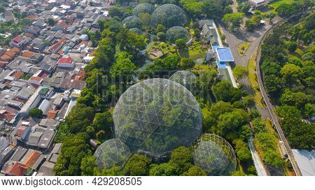 Aerial View Of Taman Mini Indonesia Indah As National Landmark In Indonesia With Noise Cloud. Jakart