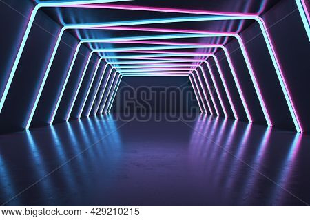 Dark Futuristic Interior With Neon Lights. Design Concept. 3d Rendering